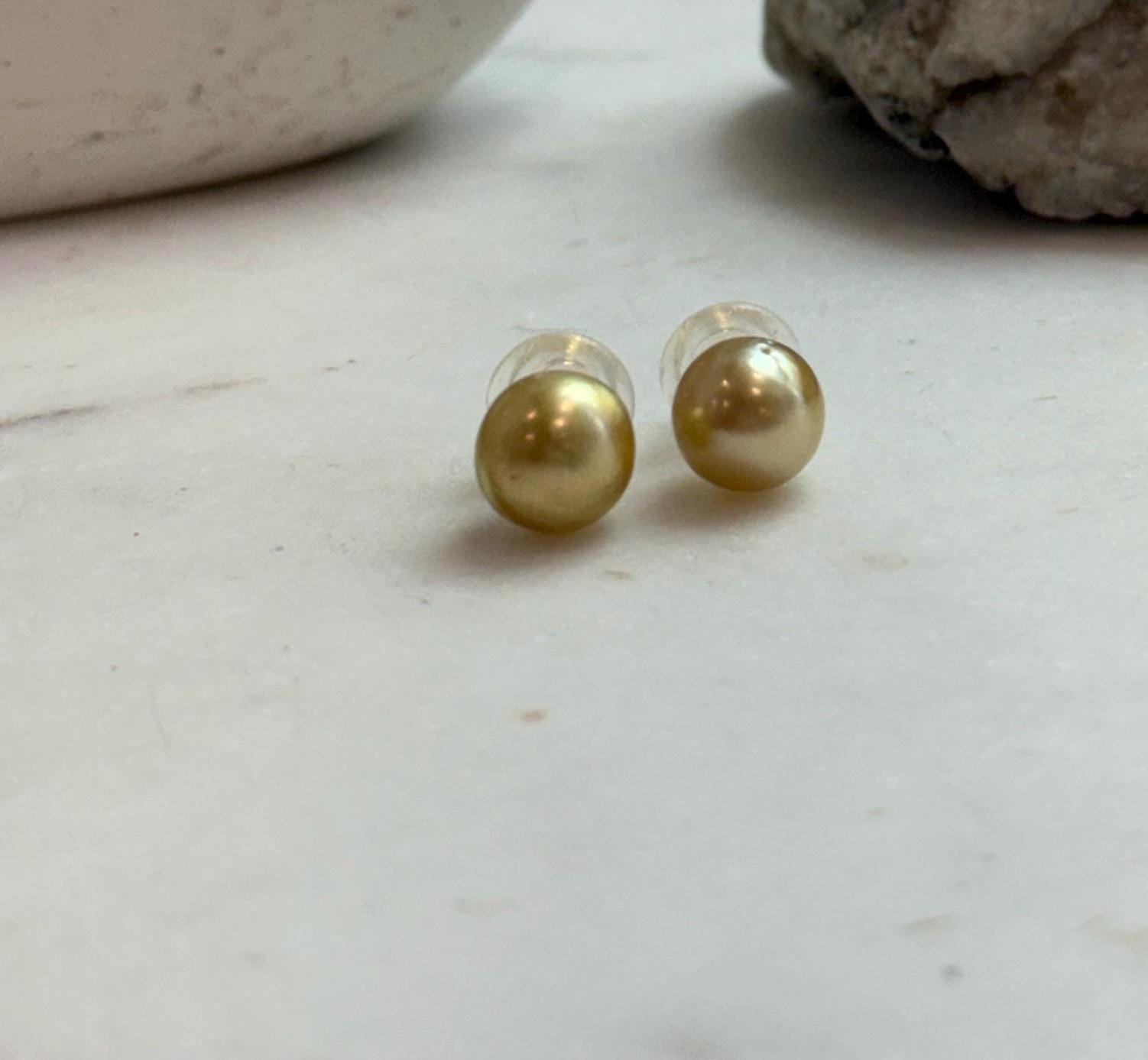 Elly’s 9.9mm Genius natural South sea Deep Tea Gold ocean Pearls Earrings studs: Extreme luster, S925 silver minimalist earrings studs.