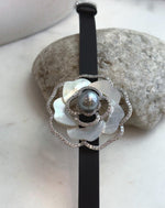 Elly’s Tahitian Silver platinum Ocean Pearl Genius Leather Strap Floral Bracelet: 10.9mm, extreme luster mirrored, for 5.7”- 7.3” wrist.