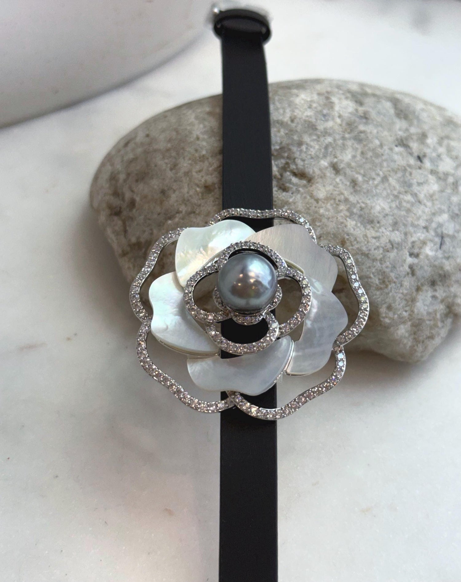 Elly’s Tahitian Silver platinum Ocean Pearl Genius Leather Strap Floral Bracelet: 10.9mm, extreme luster mirrored, for 5.7”- 7.3” wrist.