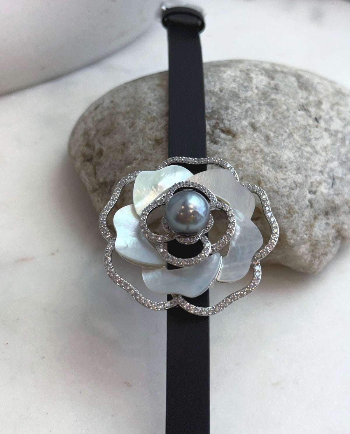 Elly’s Tahitian Silver platinum Ocean Pearl Genius Leather Strap Floral Bracelet: 10.9mm, extreme luster mirrored, for 5.7”- 7.3” wrist.