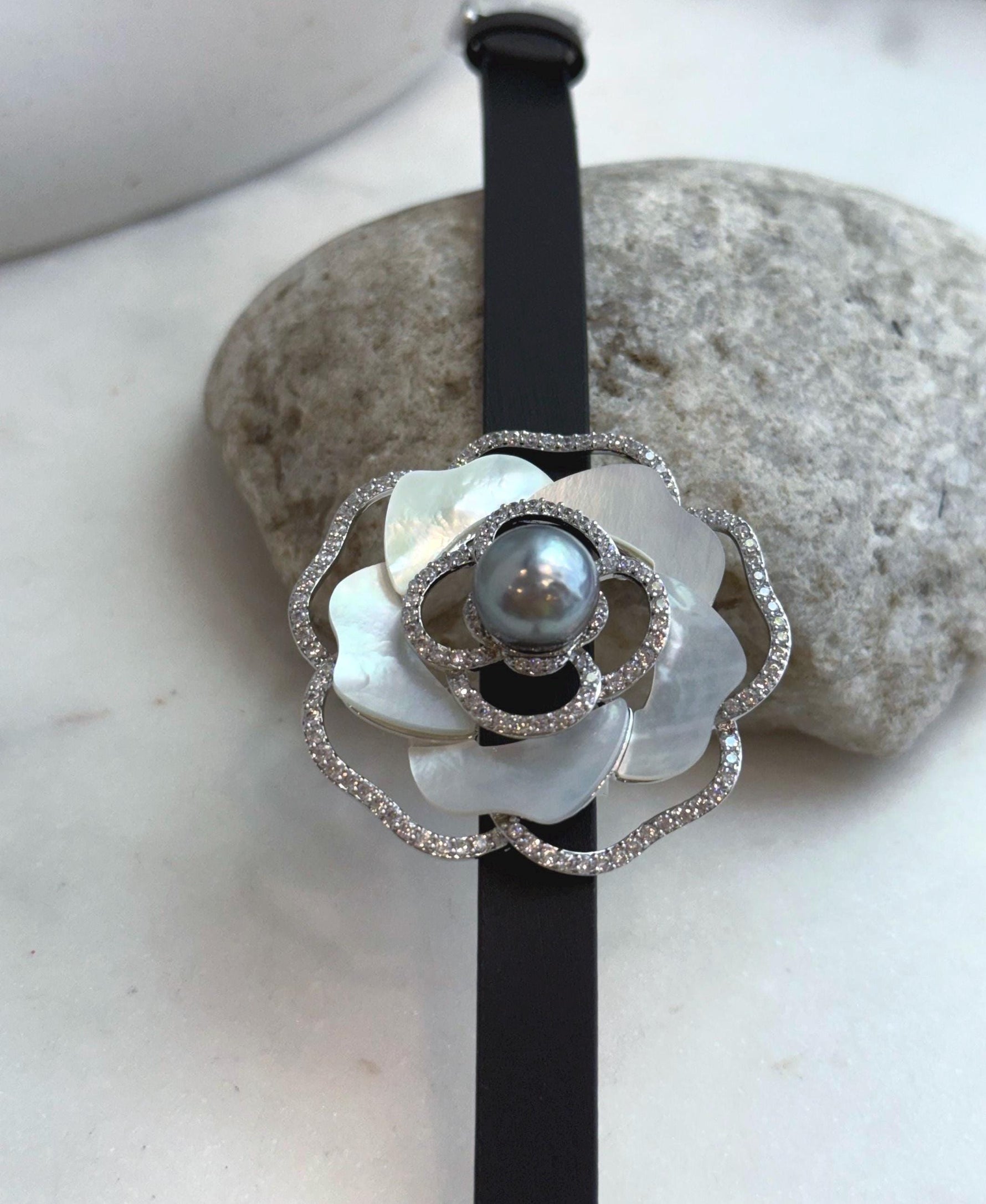 Elly’s Tahitian Silver platinum Ocean Pearl Genius Leather Strap Floral Bracelet: 10.9mm, extreme luster mirrored, for 5.7”- 7.3” wrist.