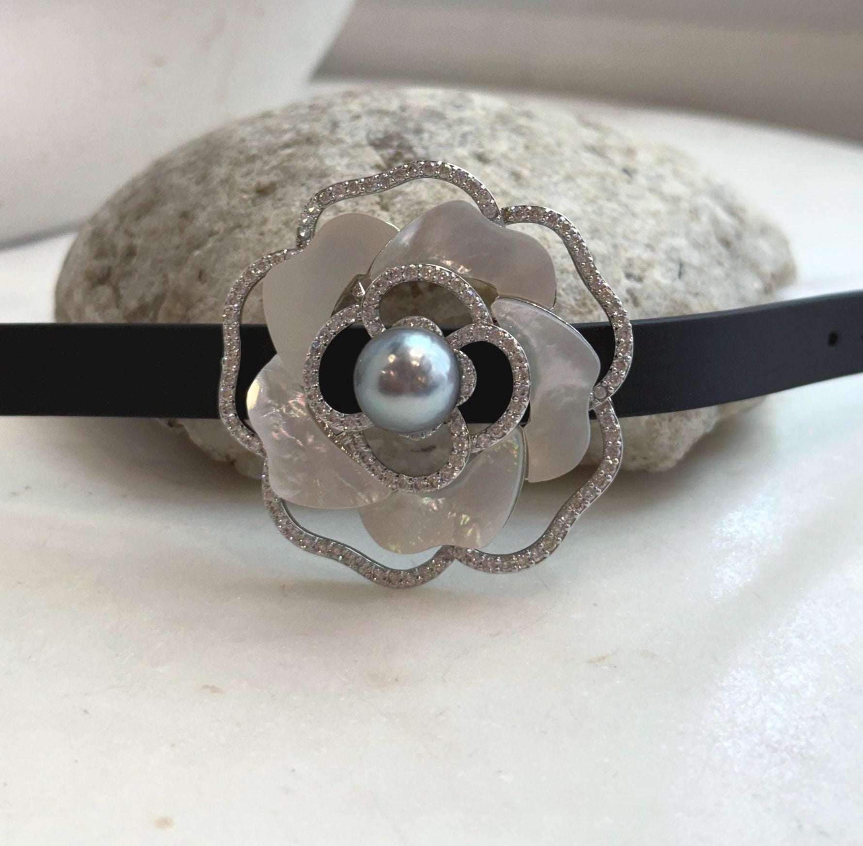 Elly’s Tahitian Silver platinum Ocean Pearl Genius Leather Strap Floral Bracelet: 10.9mm, extreme luster mirrored, for 5.7”- 7.3” wrist.