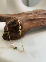 Elly’s 7.7mm Akoya ivory Ocean Pearls bracelet: Extreme luster, to 7.1”, S925 silver Malachite bracelet.
