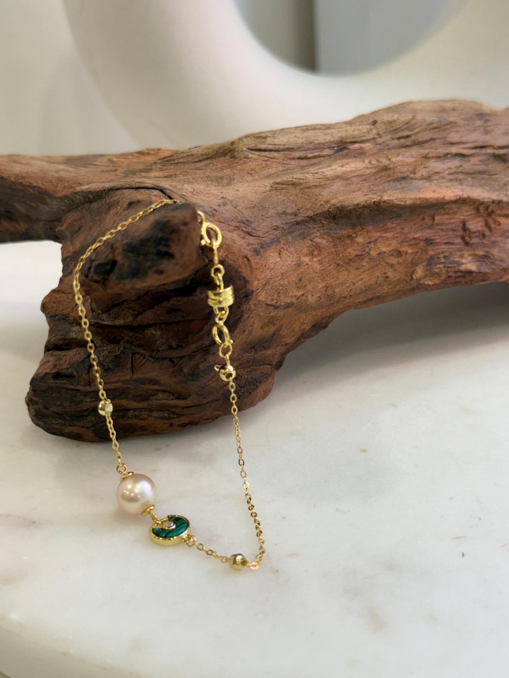 Elly’s 7.7mm Akoya ivory Ocean Pearls bracelet: Extreme luster, to 7.1”, S925 silver Malachite bracelet.