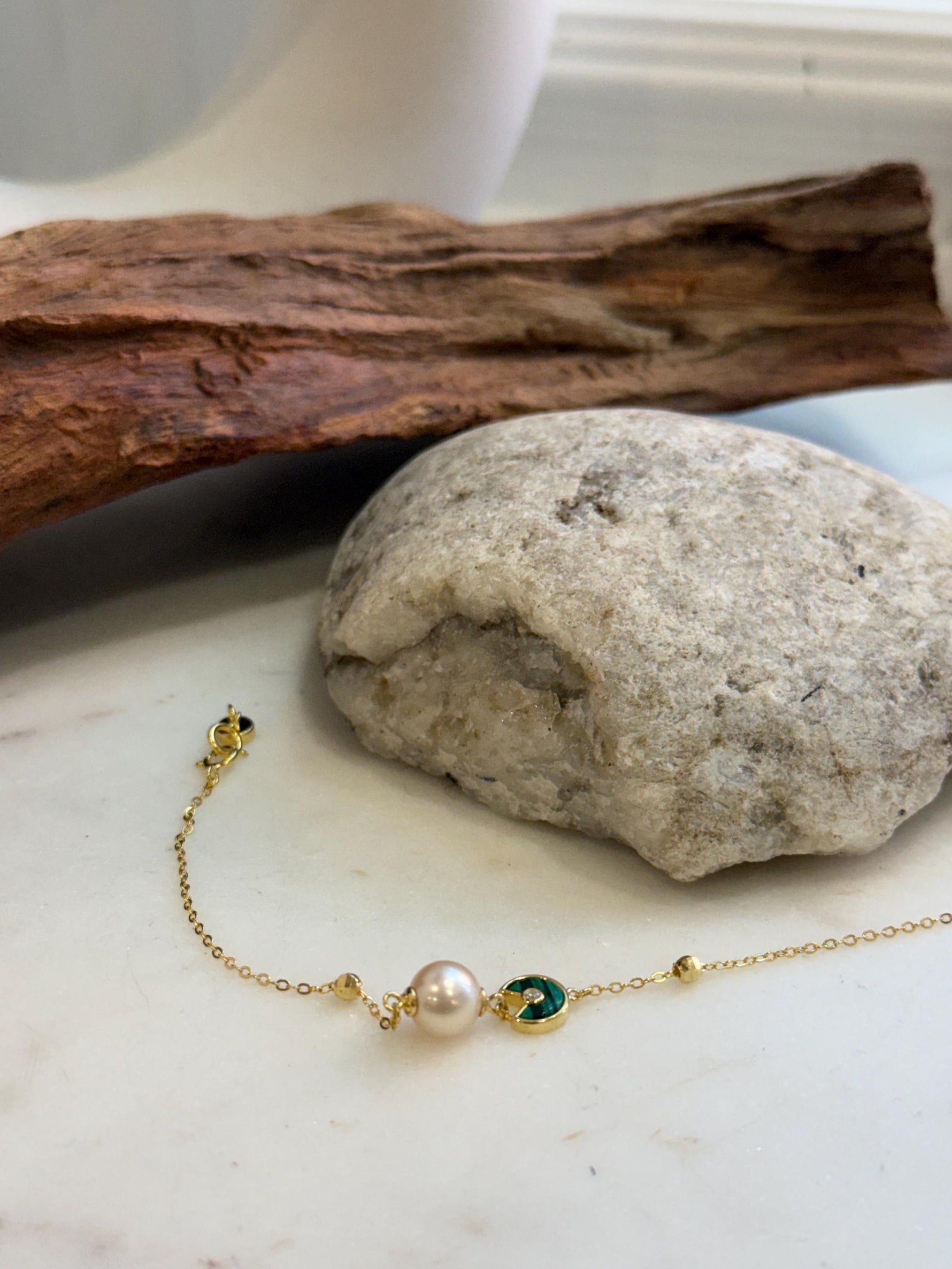 Elly’s 7.7mm Akoya ivory Ocean Pearls bracelet: Extreme luster, to 7.1”, S925 silver Malachite bracelet.