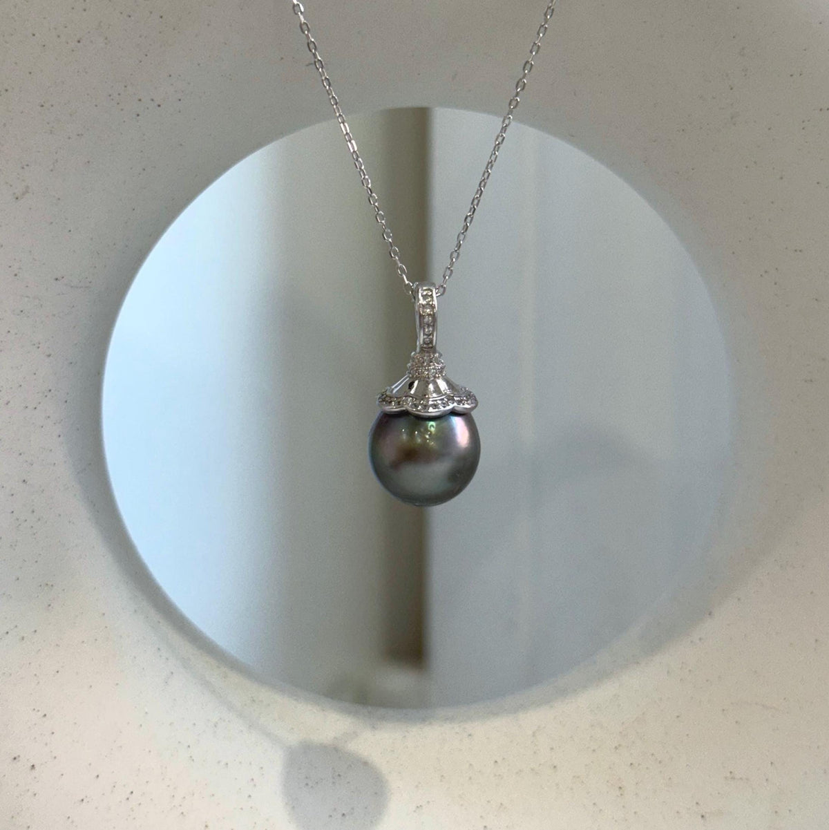 Elly’s 12.6mm Genius Tahitian hunter platinum Ocean Pearl Pendant: Extreme luster mirrored, 2.5cm high, S925 silver minimalist pendant.