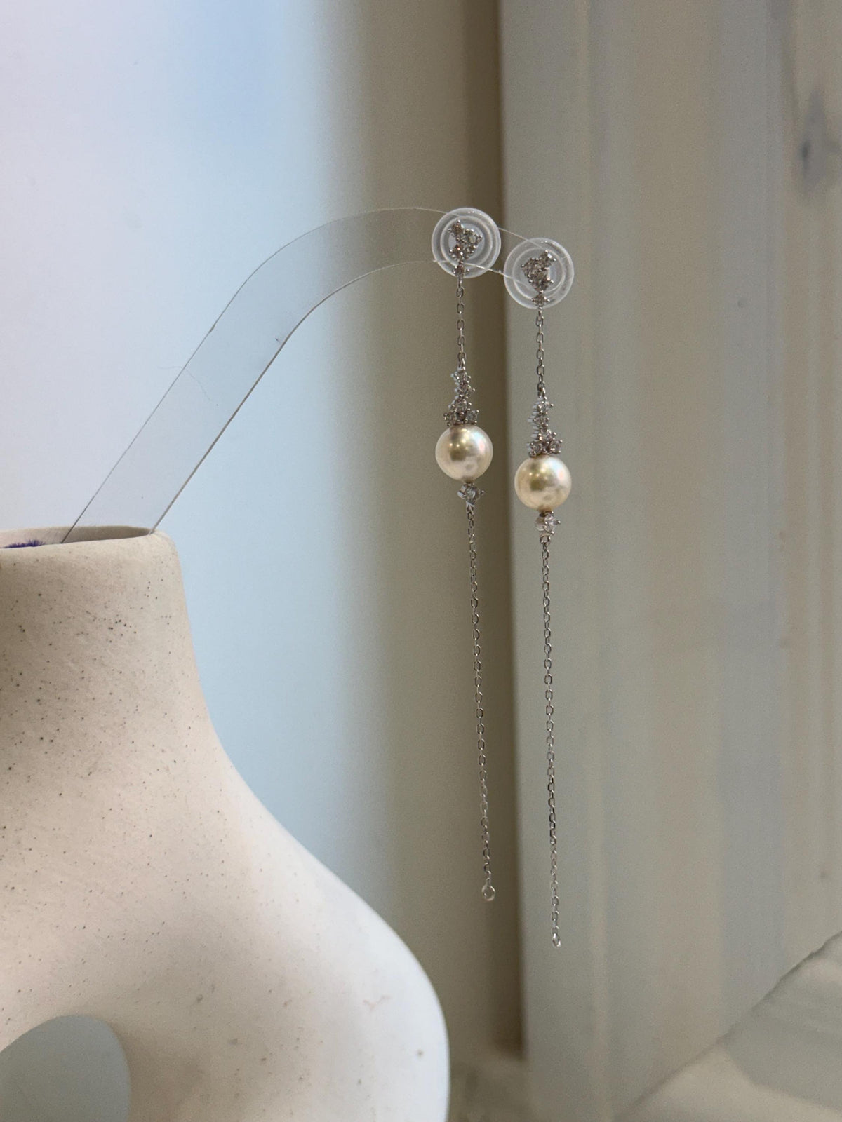 Elly’s 8mm Akoya ivory ocean Pearls Earrings chandeliers: Extreme luster mirrored, 9.5cm high, S925 silver earrings.