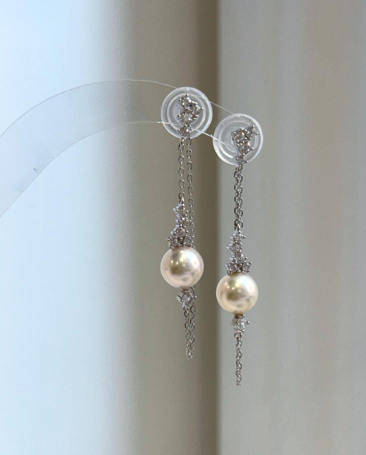Elly’s 8mm Akoya ivory ocean Pearls Earrings chandeliers: Extreme luster mirrored, 9.5cm high, S925 silver earrings.