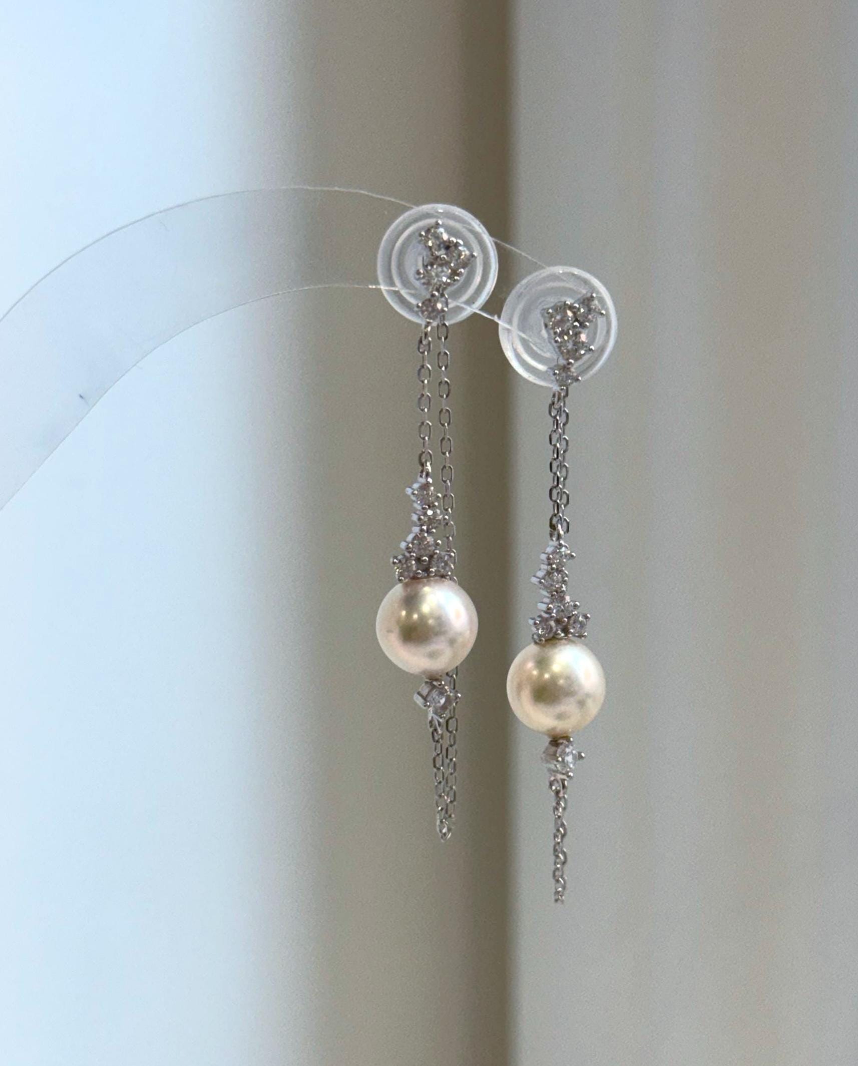 Elly’s 8mm Akoya ivory ocean Pearls Earrings chandeliers: Extreme luster mirrored, 9.5cm high, S925 silver earrings.