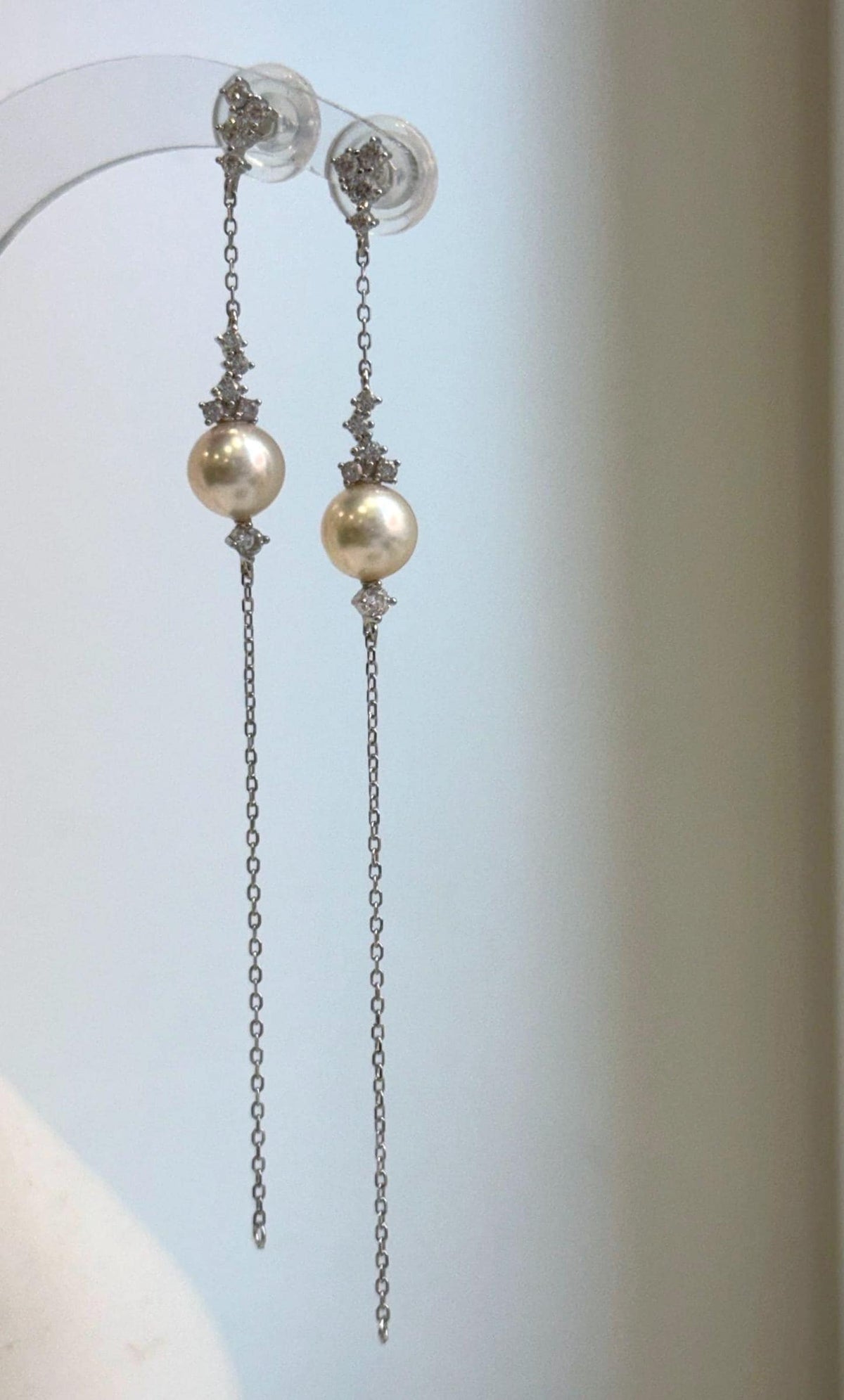 Elly’s 8mm Akoya ivory ocean Pearls Earrings chandeliers: Extreme luster mirrored, 9.5cm high, S925 silver earrings.