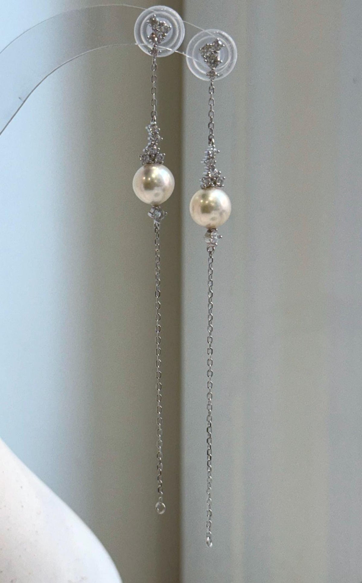 Elly’s 8mm Akoya ivory ocean Pearls Earrings chandeliers: Extreme luster mirrored, 9.5cm high, S925 silver earrings.