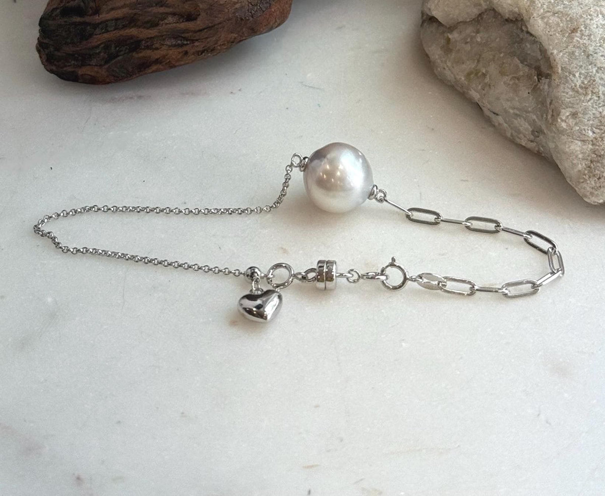 Elly’s 12.9mm Australian Ocean white silver Pearl bracelet: Extreme luster, to 8.3”, S925 silver adjustable bracelet.