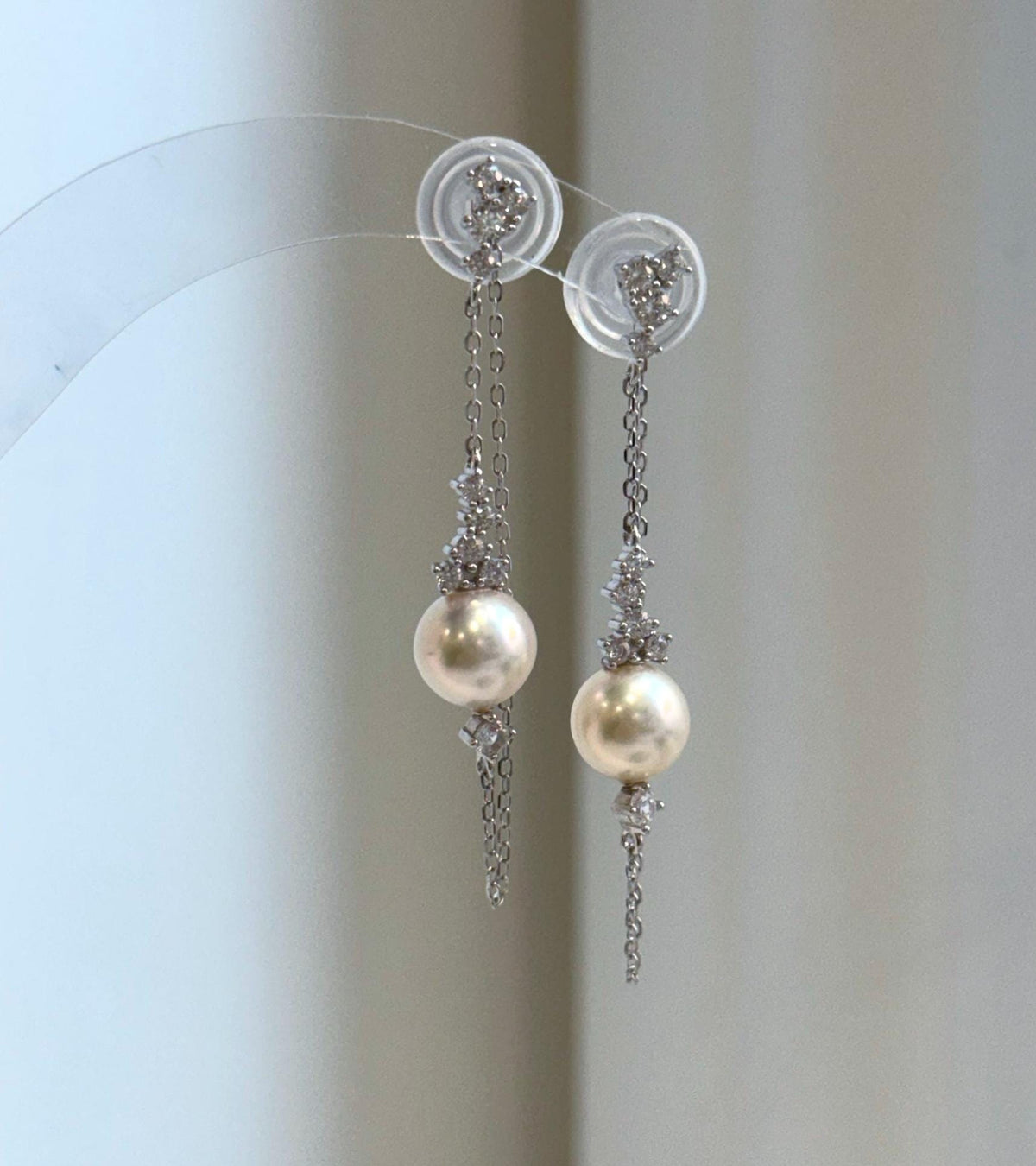 Elly’s 8mm Akoya ivory ocean Pearls Earrings chandeliers: Extreme luster mirrored, 9.5cm high, S925 silver earrings.