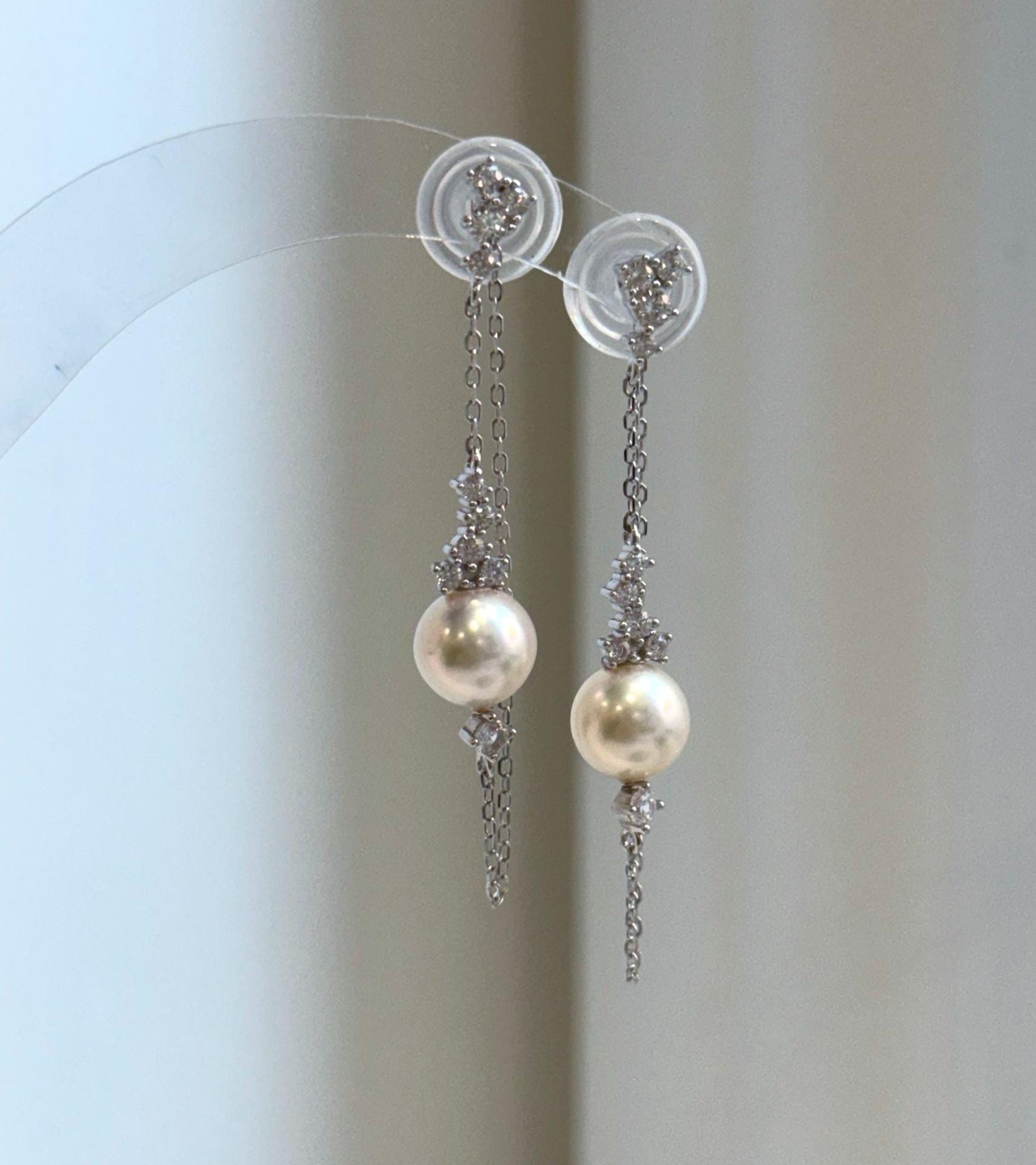Elly’s 8mm Akoya ivory ocean Pearls Earrings chandeliers: Extreme luster mirrored, 9.5cm high, S925 silver earrings.