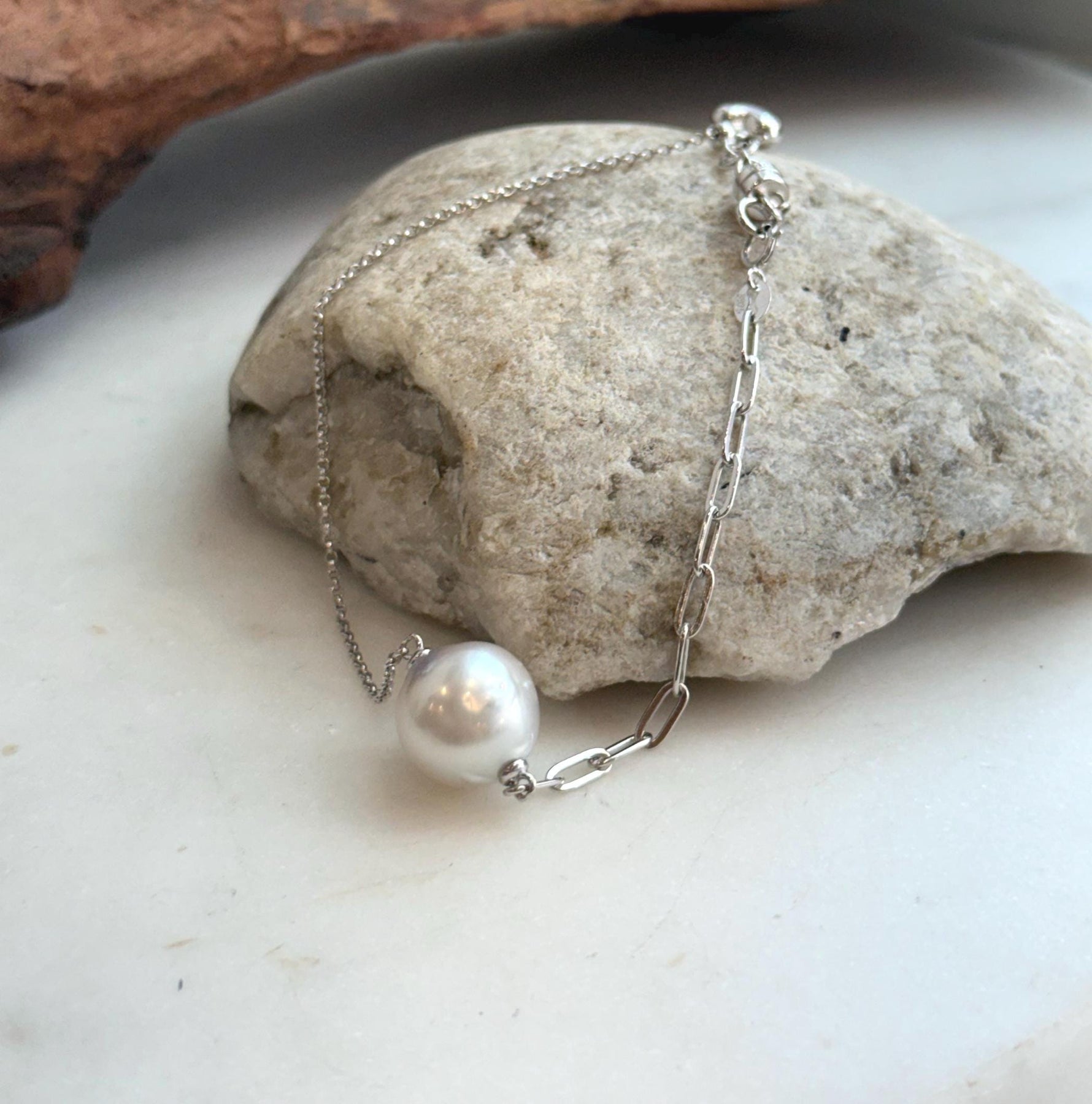 Elly’s 12.9mm Australian Ocean white silver Pearl bracelet: Extreme luster, to 8.3”, S925 silver adjustable bracelet.