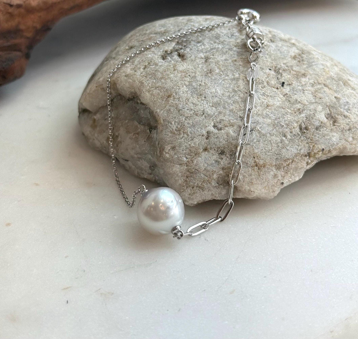 Elly’s 12.9mm Australian Ocean white silver Pearl bracelet: Extreme luster, to 8.3”, S925 silver adjustable bracelet.