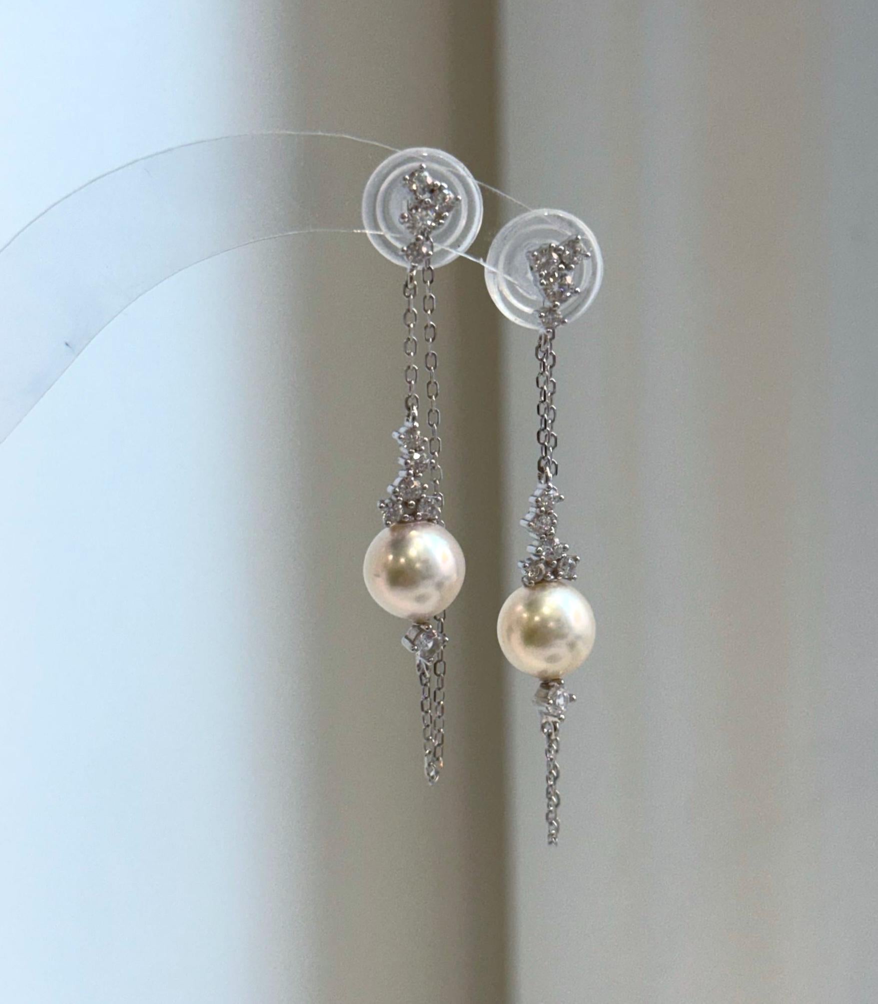 Elly’s 8mm Akoya ivory ocean Pearls Earrings chandeliers: Extreme luster mirrored, 9.5cm high, S925 silver earrings.