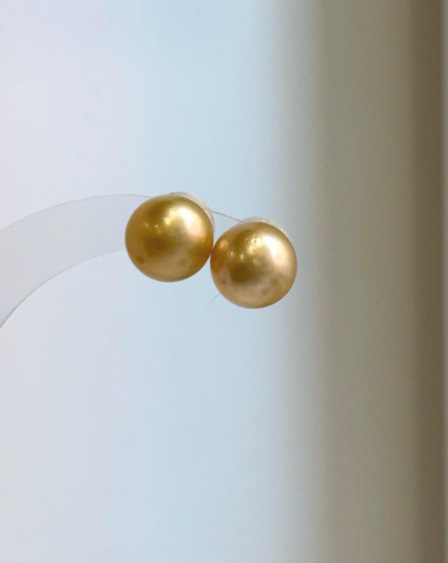 Elly’s 11.6mm Genius natural South sea Deep Gold ocean Pearls Earrings studs: Extreme luster, S925 silver minimalist earrings studs.