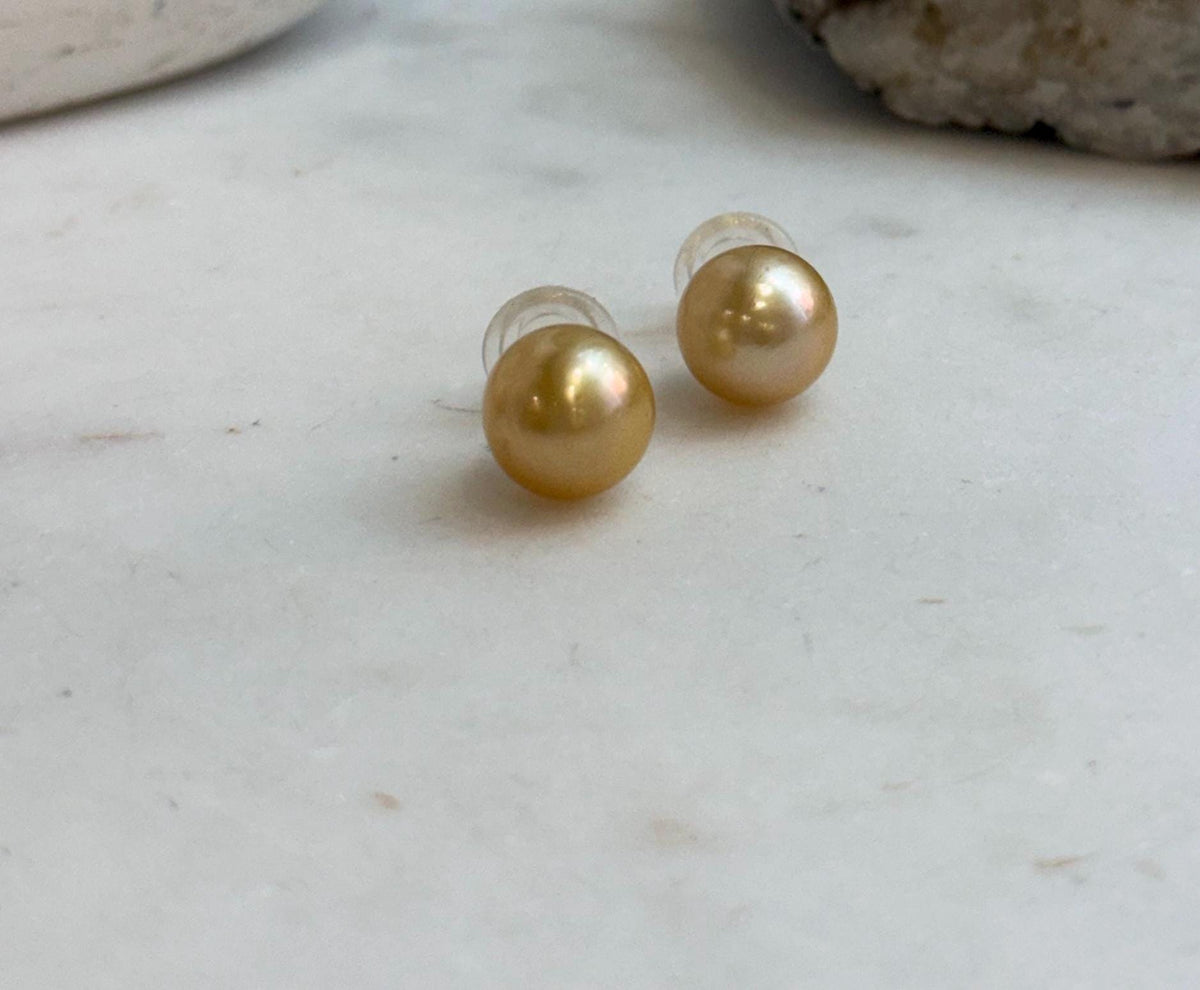 Elly’s 11.6mm Genius natural South sea Deep Gold ocean Pearls Earrings studs: Extreme luster, S925 silver minimalist earrings studs.