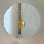 Elly’s 12.6mm South Sea deep Gold ocean Pearl pendant: Extreme luster mirrored, 2.4cm high, S925 silver w/ gold plated pendant.