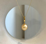 Elly’s 11.9mm South Sea deep Gold ocean Pearl pendant: Extreme luster mirrored, 2.7cm high, S925 silver w/ gold plated pendant.