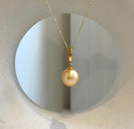 Elly’s 11.9mm South Sea deep Gold ocean Pearl pendant: Extreme luster mirrored, 2.7cm high, S925 silver w/ gold plated pendant.