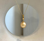 Elly’s 11.9mm South Sea deep Gold ocean Pearl pendant: Extreme luster mirrored, 2.7cm high, S925 silver w/ gold plated pendant.