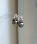 Elly’s 11.5mm Tahitian Platinum ocean Pearls Earrings: Extreme luster Mirrored, 2cm high, S925 silver cool fancy earrings.