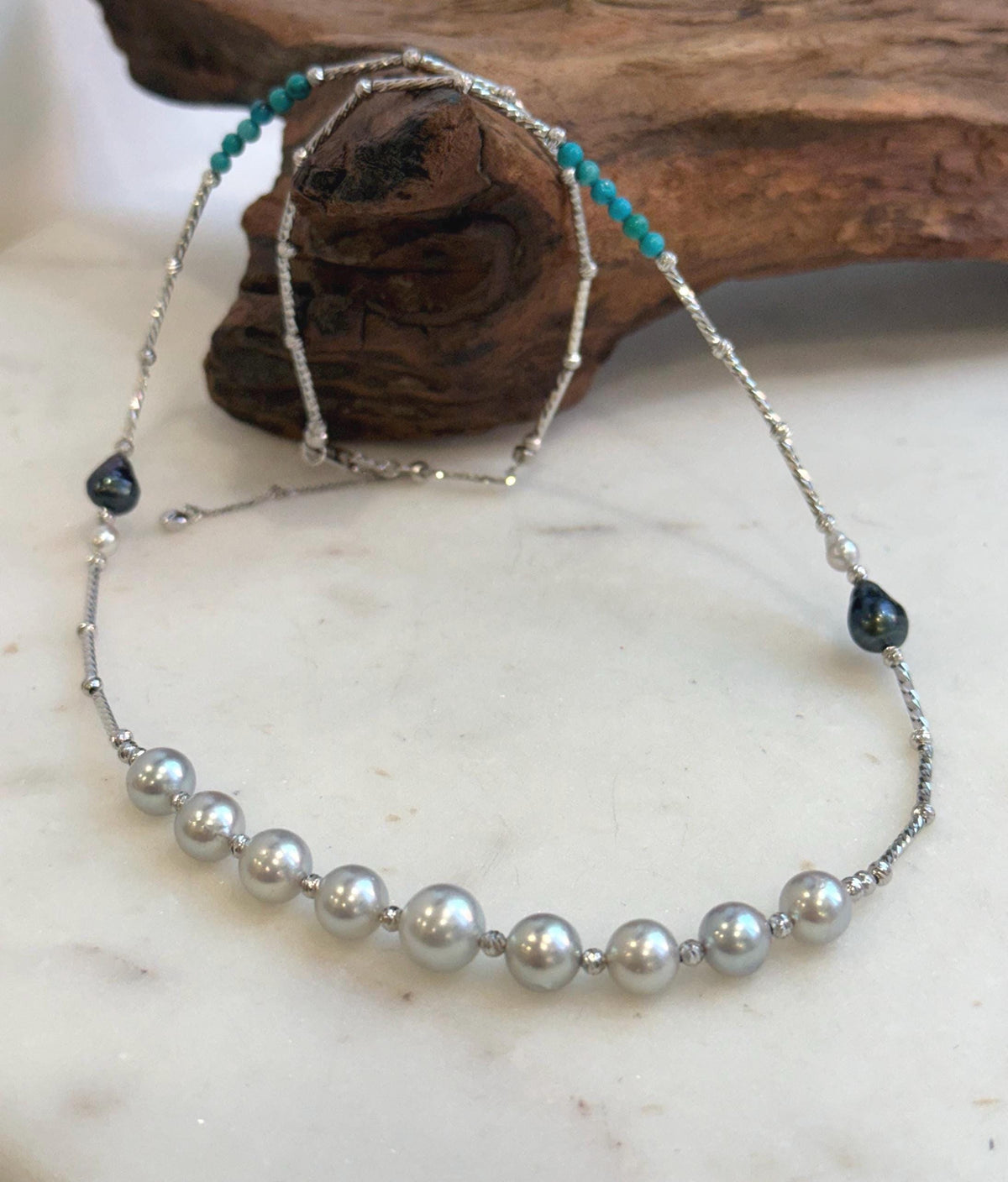 Elena Elly’s 9pcs 7.1-8.5mm Akoya ocean pearls Designed Necklace: Extreme luster mirrored, S925 silver necklace, to 21.3”.
