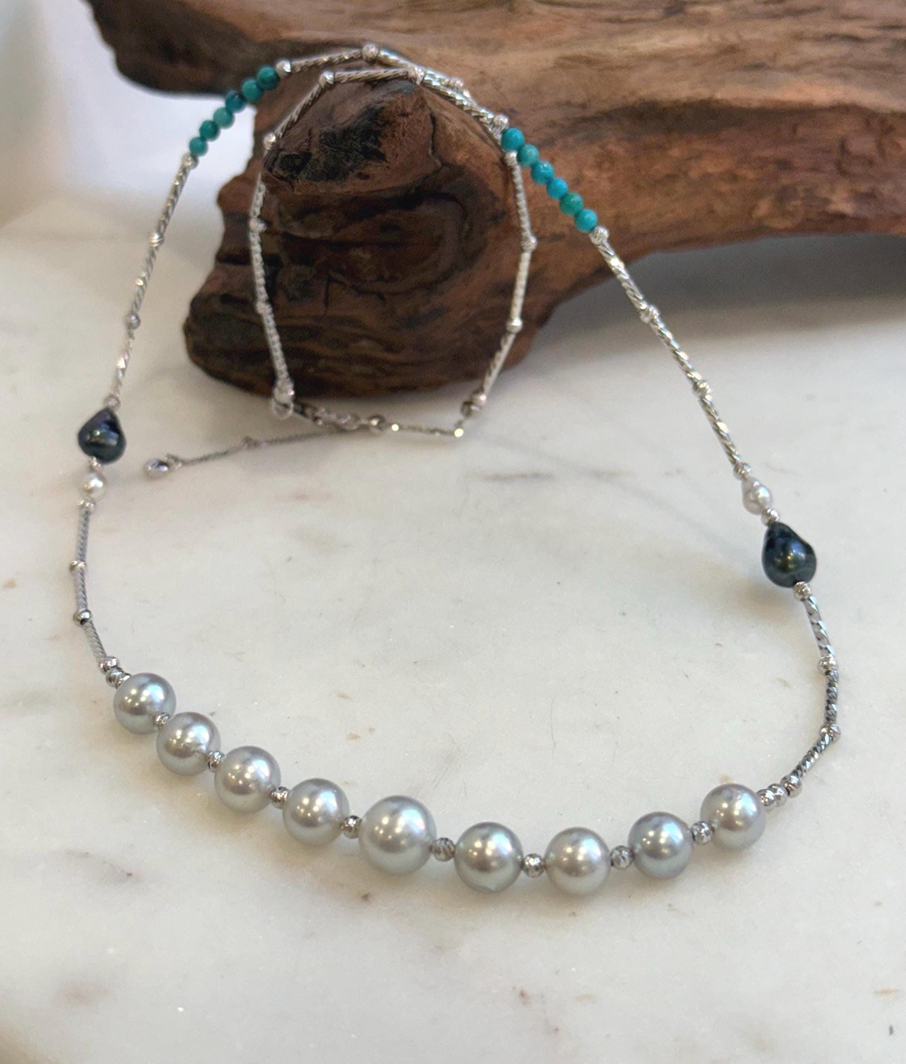 Elena Elly’s 9pcs 7.1-8.5mm Akoya ocean pearls Designed Necklace: Extreme luster mirrored, S925 silver necklace, to 21.3”.