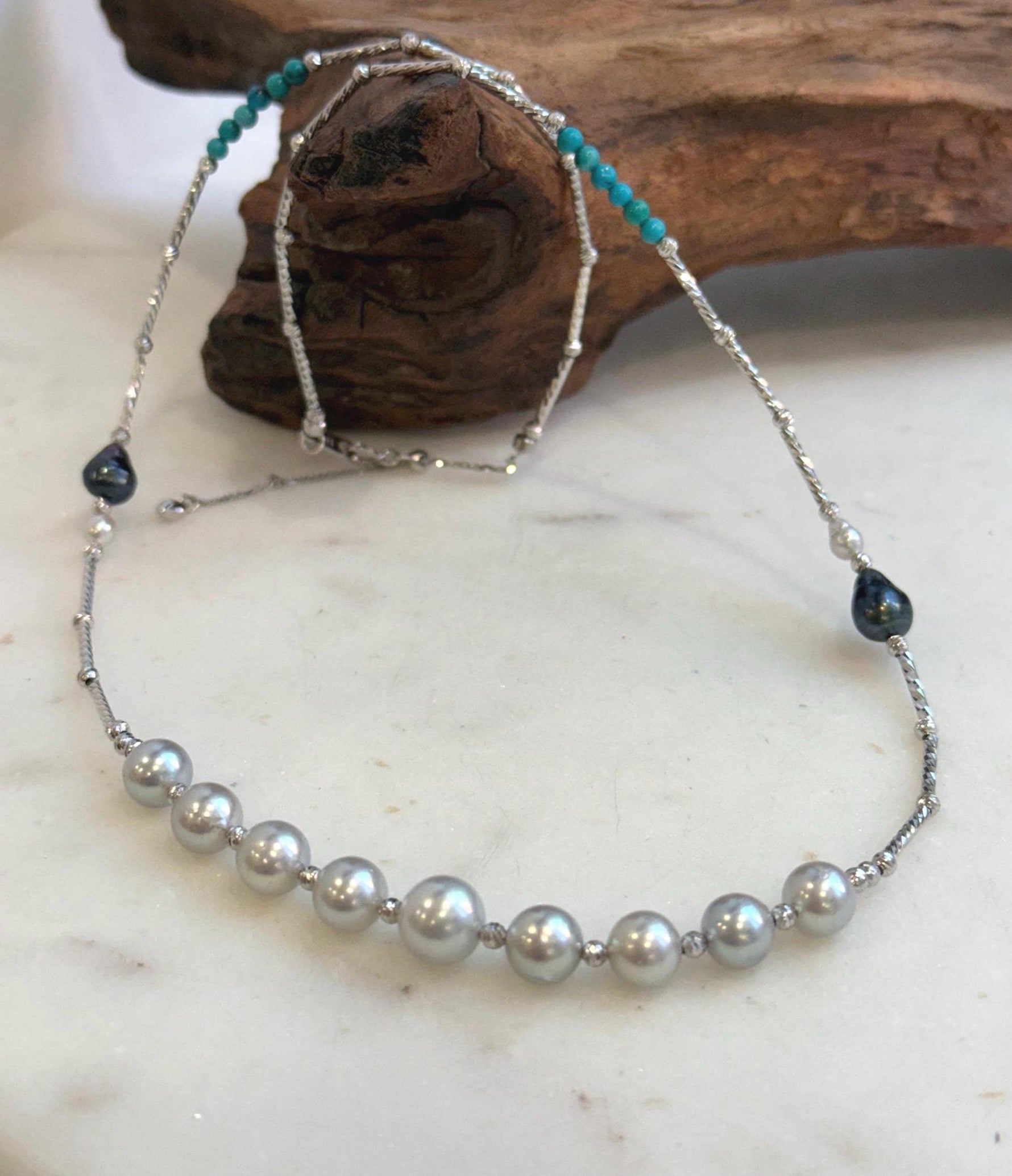Elena Elly’s 9pcs 7.1-8.5mm Akoya ocean pearls Designed Necklace: Extreme luster mirrored, S925 silver necklace, to 21.3”.
