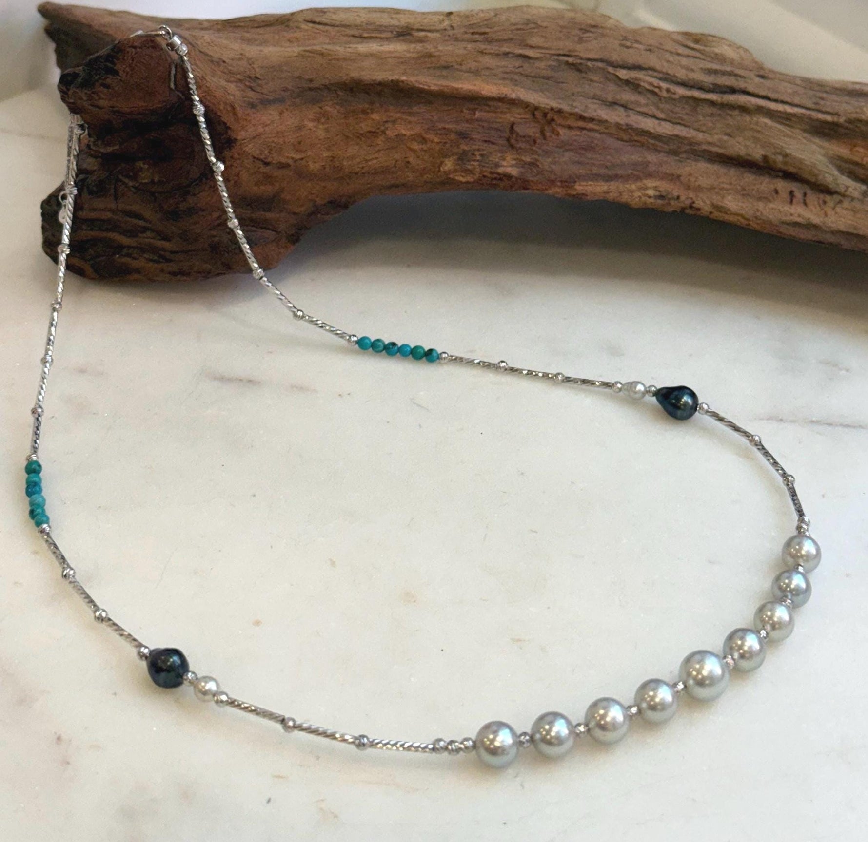Elena Elly’s 9pcs 7.1-8.5mm Akoya ocean pearls Designed Necklace: Extreme luster mirrored, S925 silver necklace, to 21.3”.