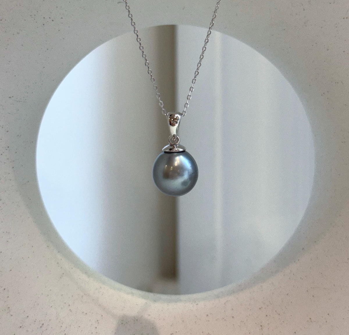 Elly’s 11.7mm Tahitian platinum ocean Pearl pendant: Extreme luster mirrored, S925 silver minimalist pendant, 2.1cm high.