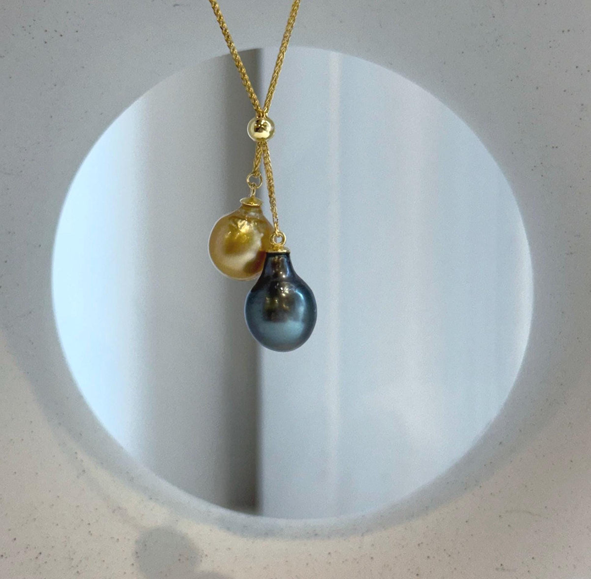 Elly’s Double 10-10.4mm South sea golden Tahitian ocean Pearls pendants chain set: Extreme luster mirrored, S925 silver chain set.