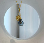 Elly’s Double 10-10.4mm South sea golden Tahitian ocean Pearls pendants chain set: Extreme luster mirrored, S925 silver chain set.