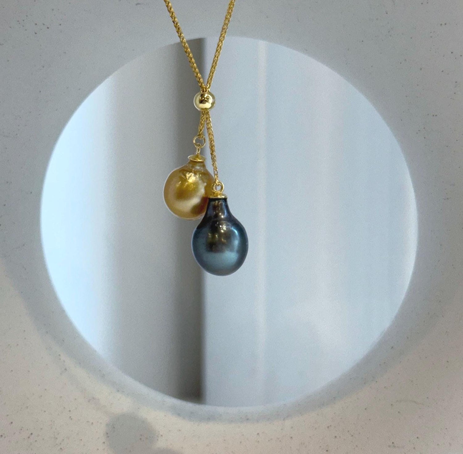 Elly’s Double 10-10.4mm South sea golden Tahitian ocean Pearls pendants chain set: Extreme luster mirrored, S925 silver chain set.