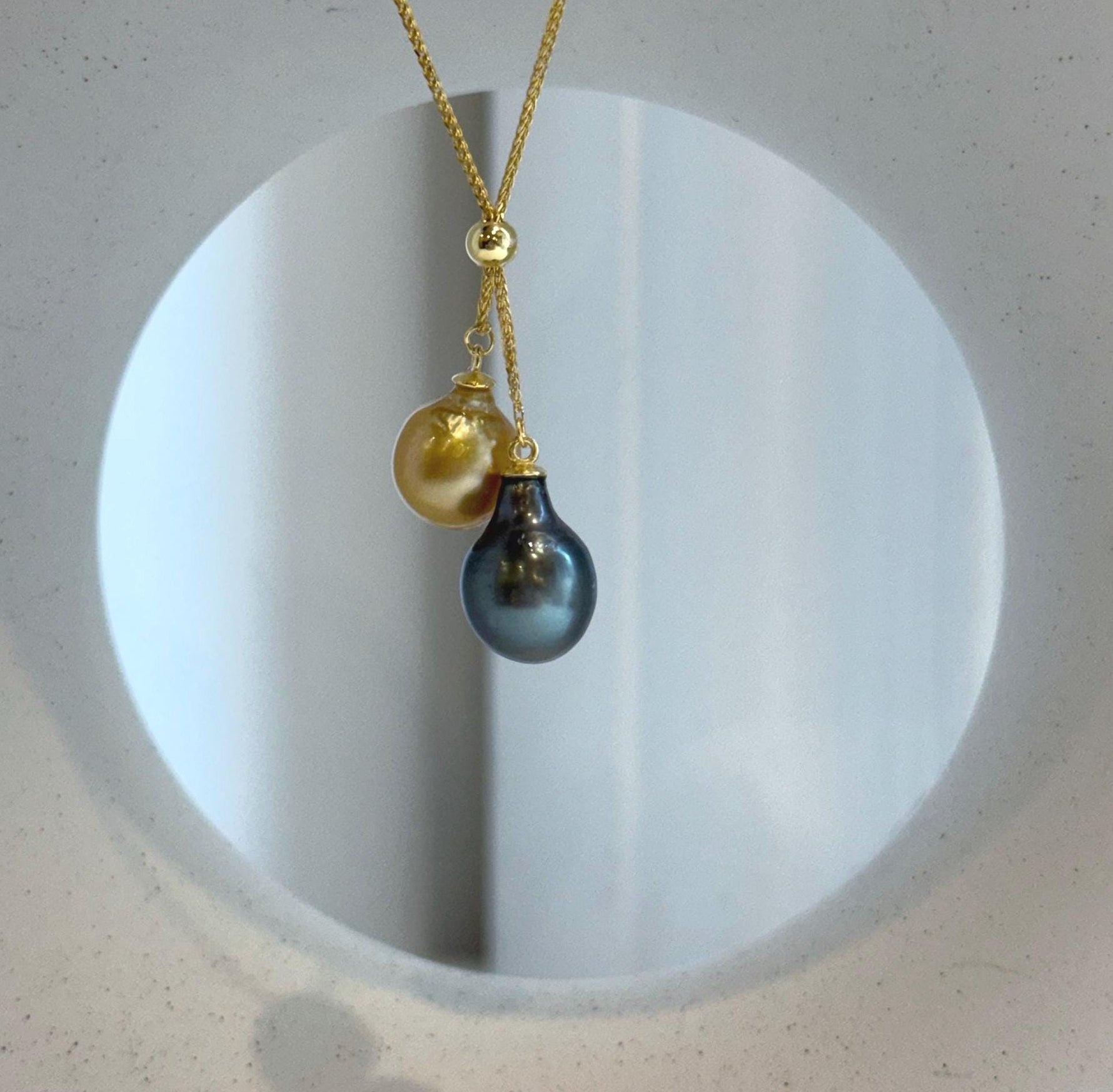 Elly’s Double 10-10.4mm South sea golden Tahitian ocean Pearls pendants chain set: Extreme luster mirrored, S925 silver chain set.