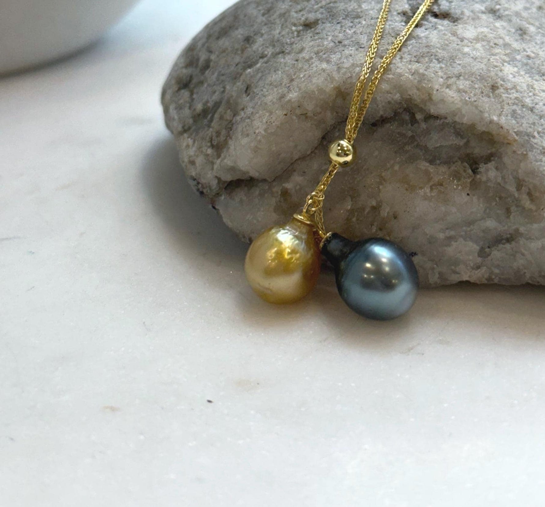 Elly’s Double 10-10.4mm South sea golden Tahitian ocean Pearls pendants chain set: Extreme luster mirrored, S925 silver chain set.