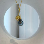 Elly’s Double 10-10.4mm South sea golden Tahitian ocean Pearls pendants chain set: Extreme luster mirrored, S925 silver chain set.