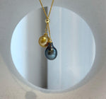 Elly’s Double 10-10.4mm South sea golden Tahitian ocean Pearls pendants chain set: Extreme luster mirrored, S925 silver chain set.