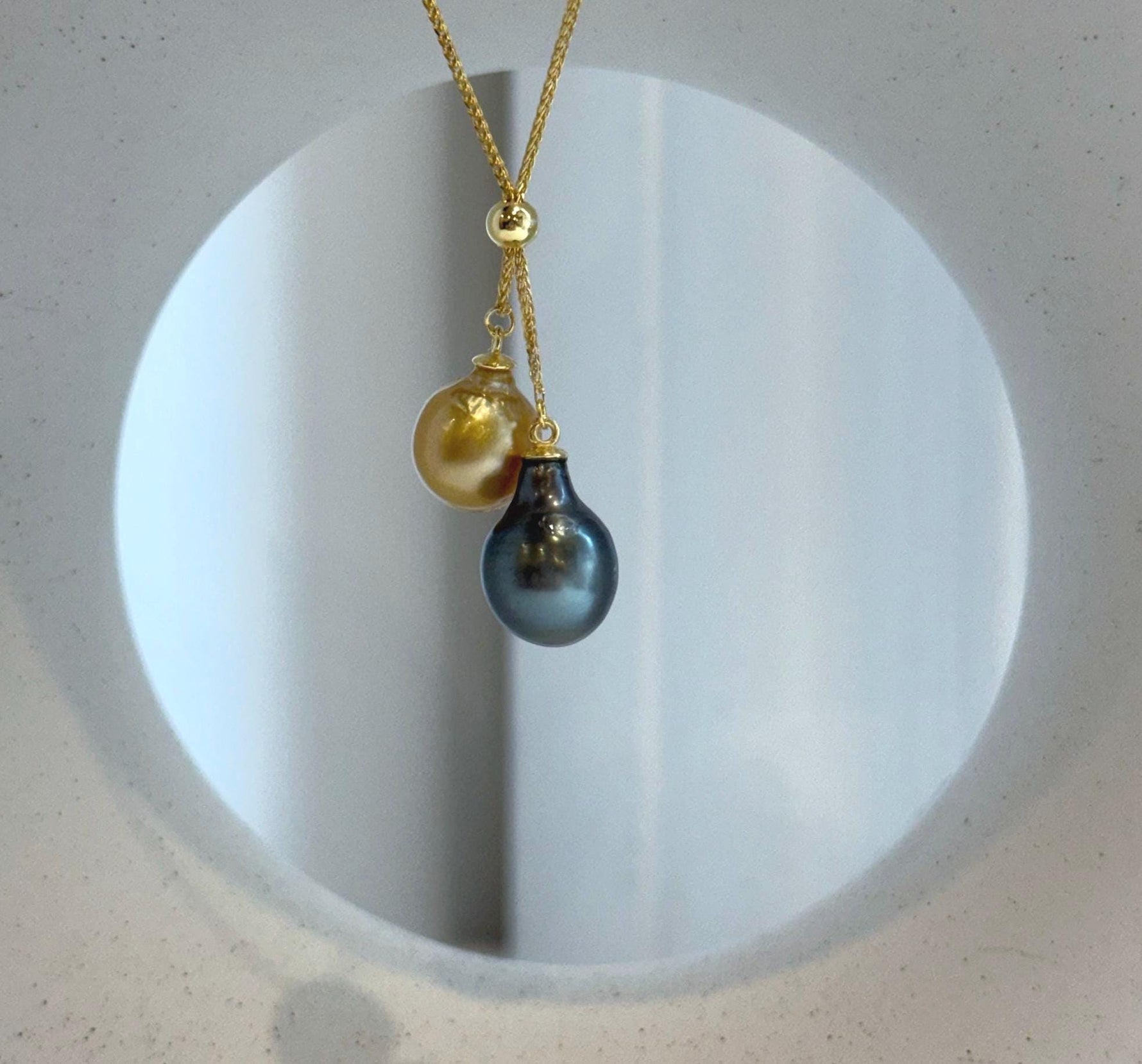 Elly’s Double 10-10.4mm South sea golden Tahitian ocean Pearls pendants chain set: Extreme luster mirrored, S925 silver chain set.