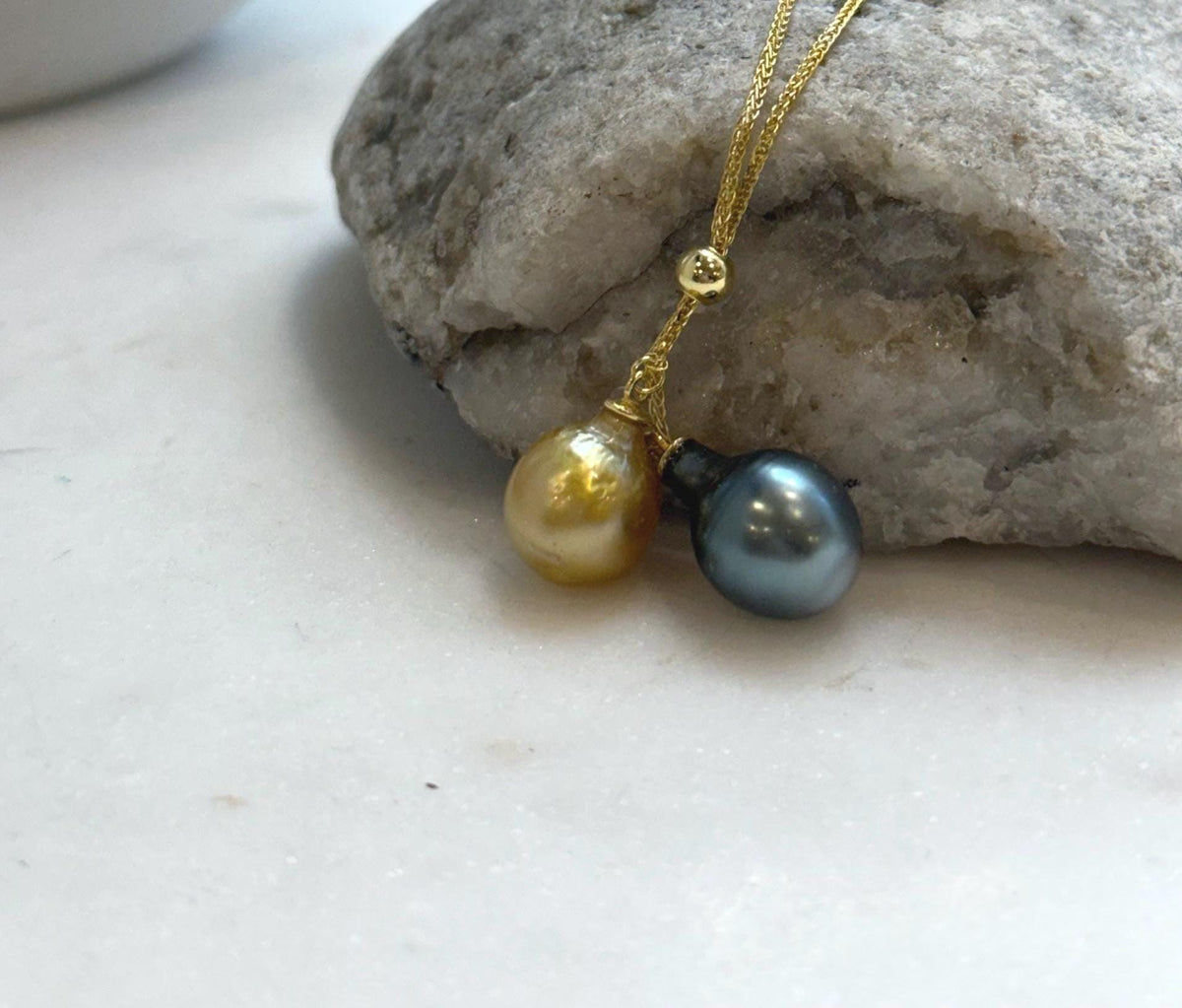 Elly’s Double 10-10.4mm South sea golden Tahitian ocean Pearls pendants chain set: Extreme luster mirrored, S925 silver chain set.