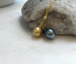 Elly’s Double 10-10.4mm South sea golden Tahitian ocean Pearls pendants chain set: Extreme luster mirrored, S925 silver chain set.
