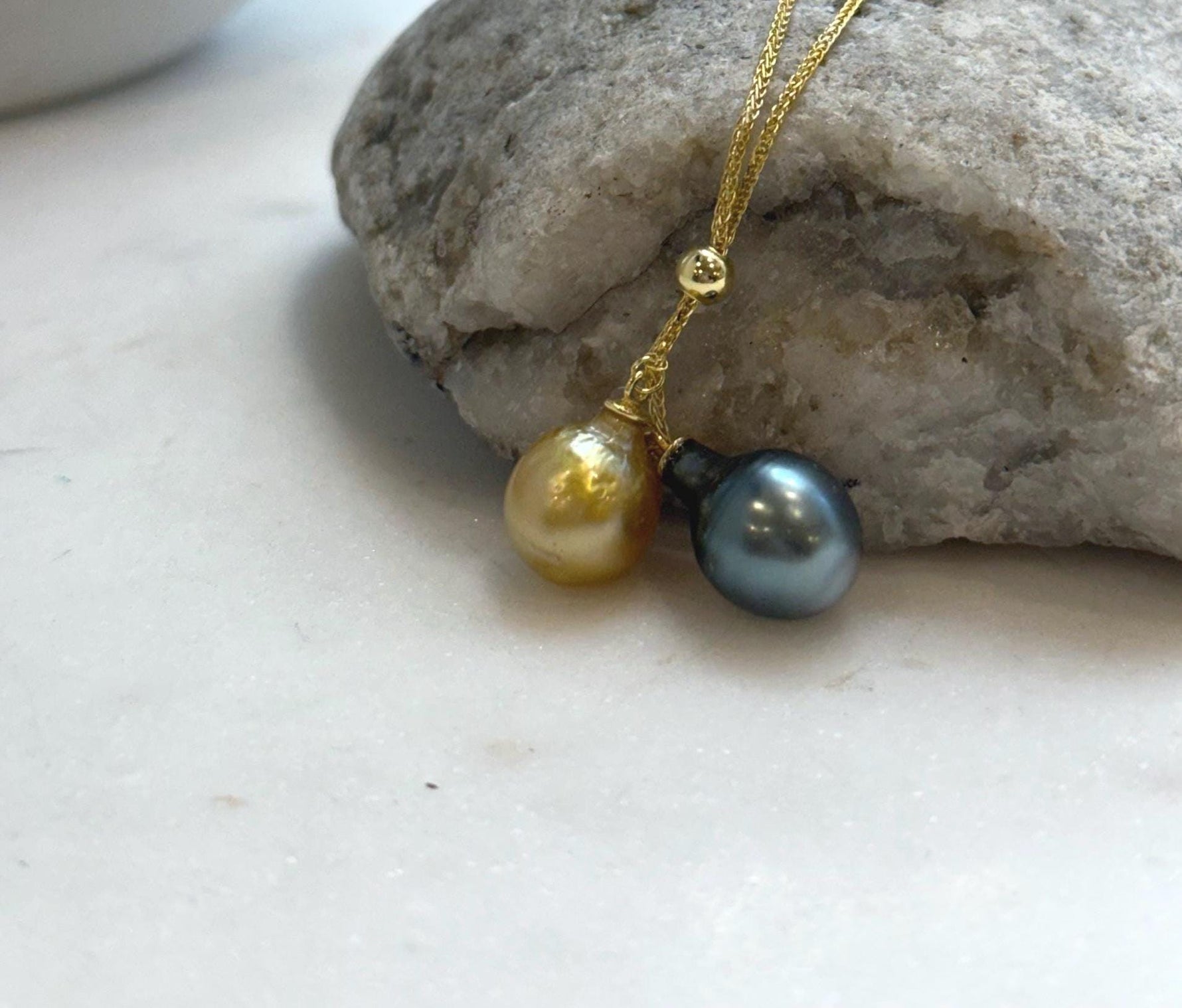 Elly’s Double 10-10.4mm South sea golden Tahitian ocean Pearls pendants chain set: Extreme luster mirrored, S925 silver chain set.