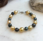 Elly’s 8.3-11mm 17pcs Genius South sea golden Tahitian Ocean Pearls bracelet: Extreme luster, 8.2”, S925 silver bracelet.