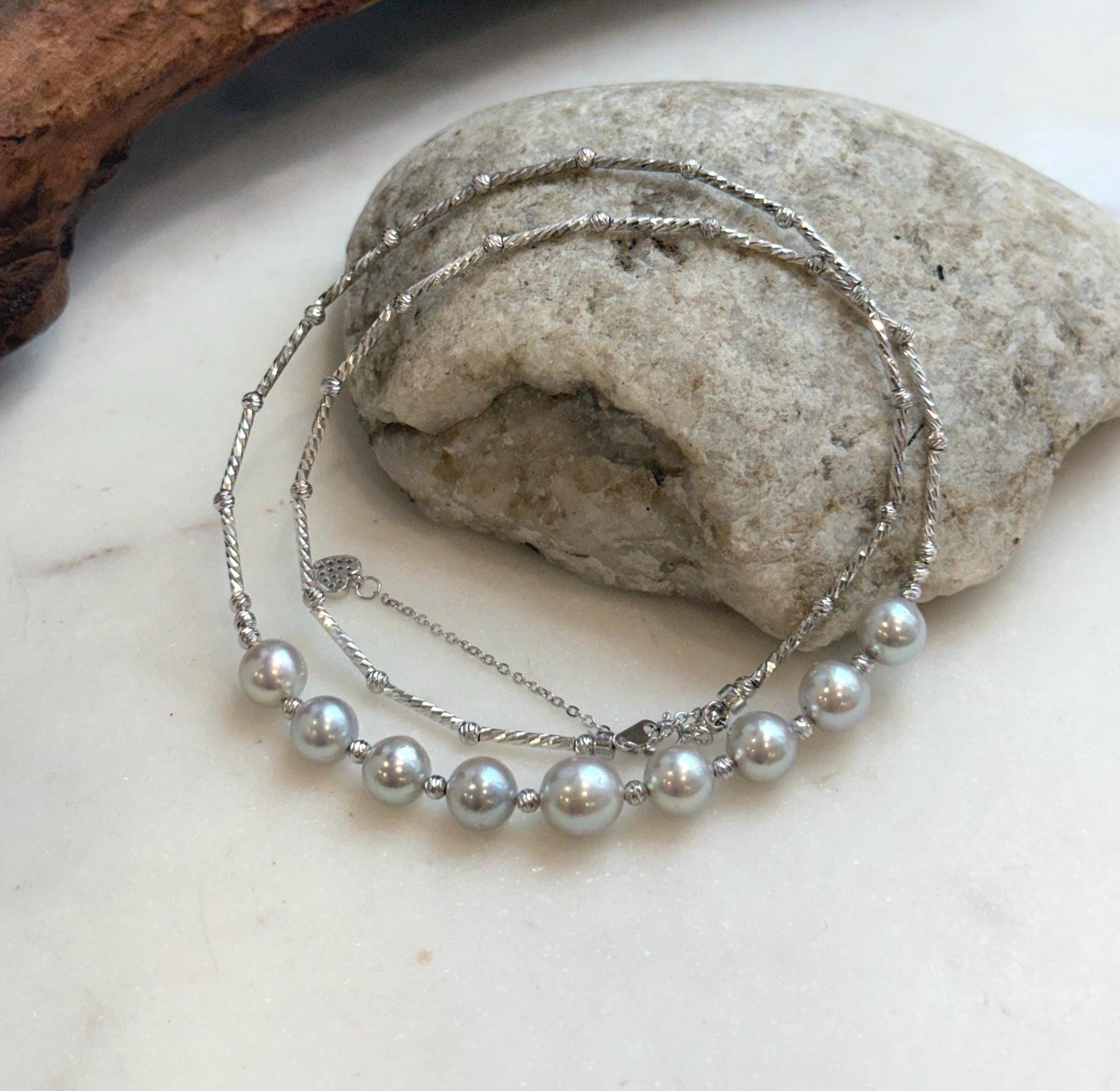 Elly’s 9pcs 7.2-8.1mm Akoya ocean pearls Designed Necklace: Extreme luster mirrored, S925 silver necklace, to 19.5”.