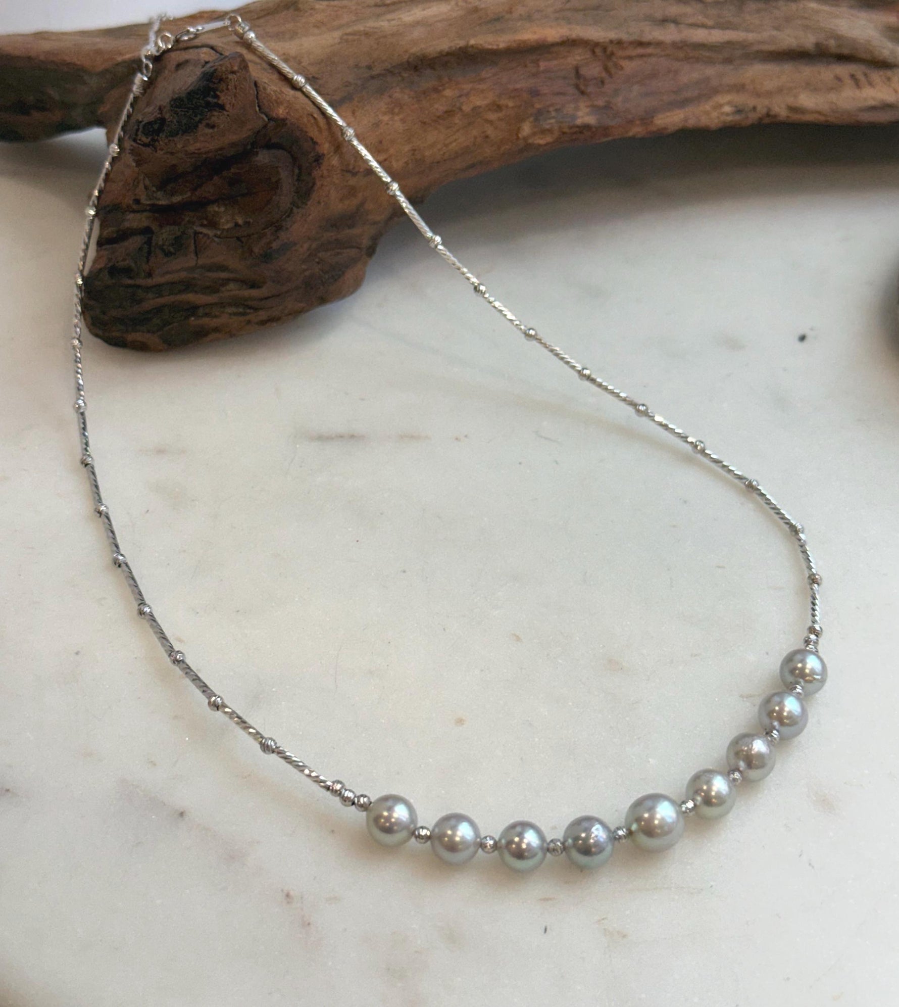 Elly’s 9pcs 7.2-8.1mm Akoya ocean pearls Designed Necklace: Extreme luster mirrored, S925 silver necklace, to 19.5”.