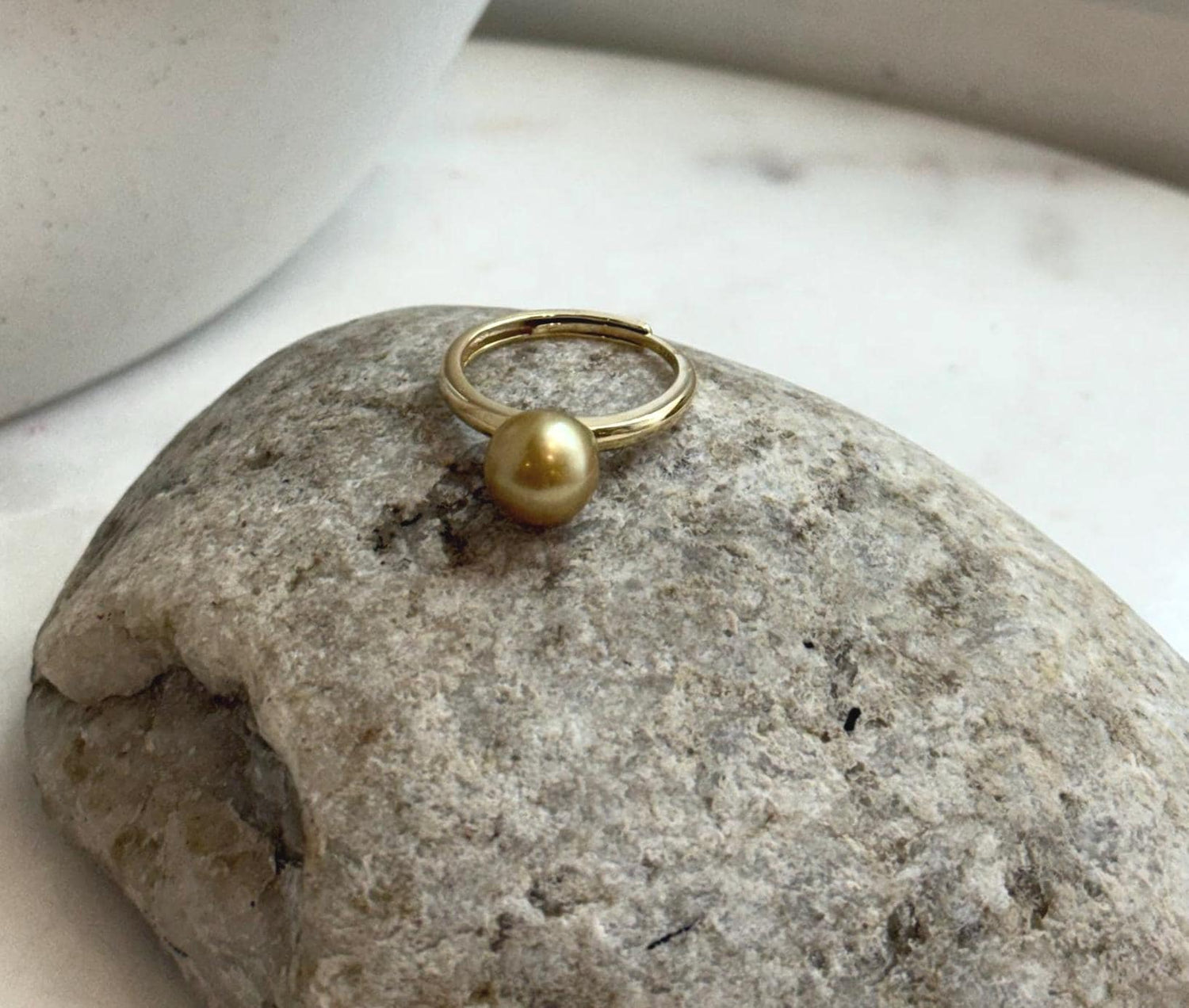 Elly’s 8.6mm South sea deep tea gold ocean pearl Ring: Extreme luster mirrored, S925 silver with gold plated adjustable Vintage Ring.