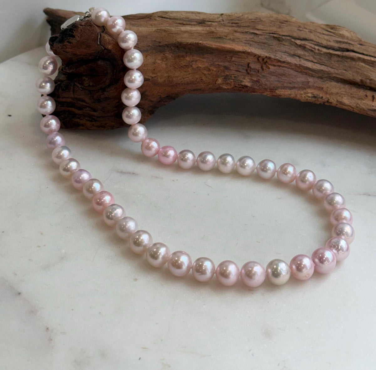 Elly’s 8.5-10.1mm Freshwater Pale Pink pearls necklace: Extreme luster mirrored, 17.5”, s925 silver necklace strand.