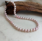 Elly’s 8.5-10.1mm Freshwater Pale Pink pearls necklace: Extreme luster mirrored, 17.5”, s925 silver necklace strand.